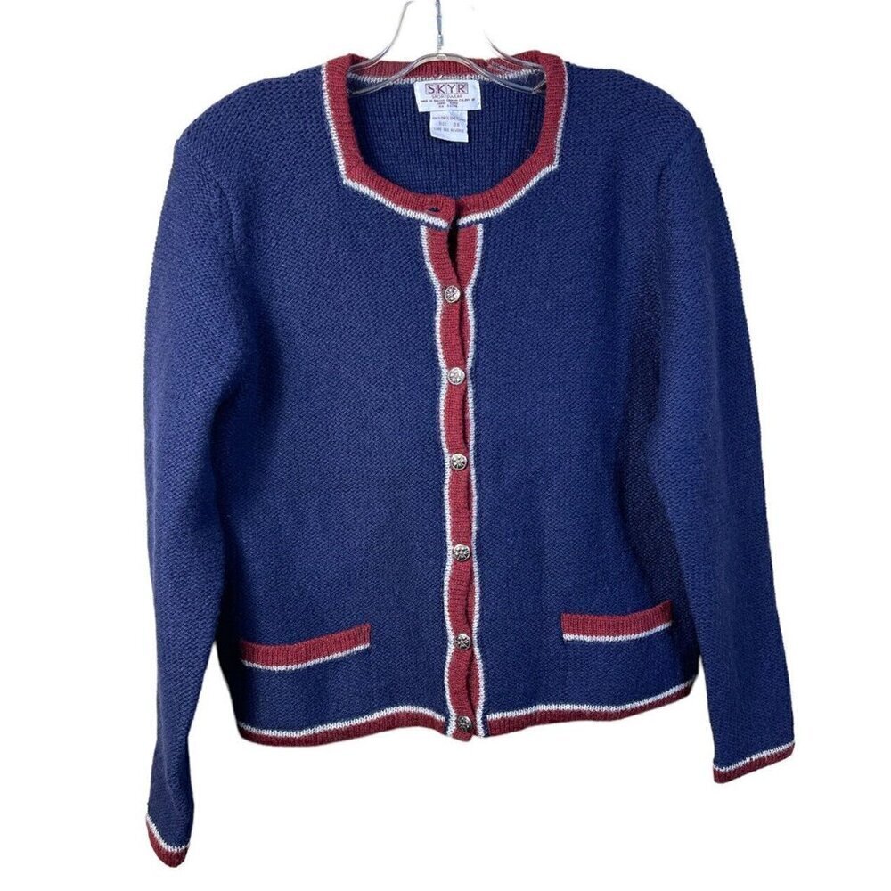 90s Vtg Womens Skyr Shetland Wool Cardigan Sweater Button Front Blue Red 38 Flaw